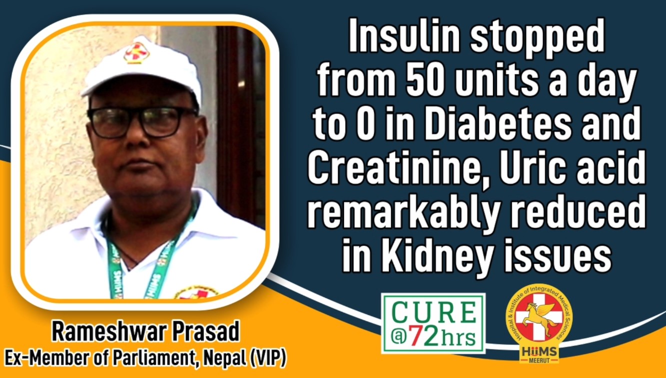 Insulin stopped from 50 units a day to 0 in Diabetes and Creatinine, Uric acid remarkably reduced in Kidney issues