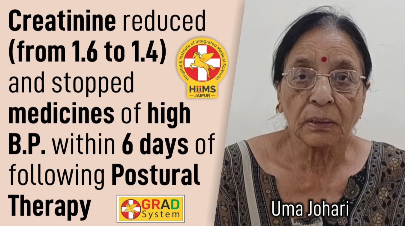 Creatinine reduced (from 1.6 to 1.4) and stopped medicines of high B.P within 6 years of following Postural Therapy