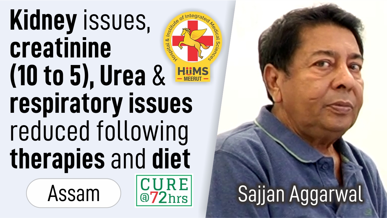 Kidney issues, Creatinine (10 to 5), Urea & respiratory issues reduced following therapies and diet